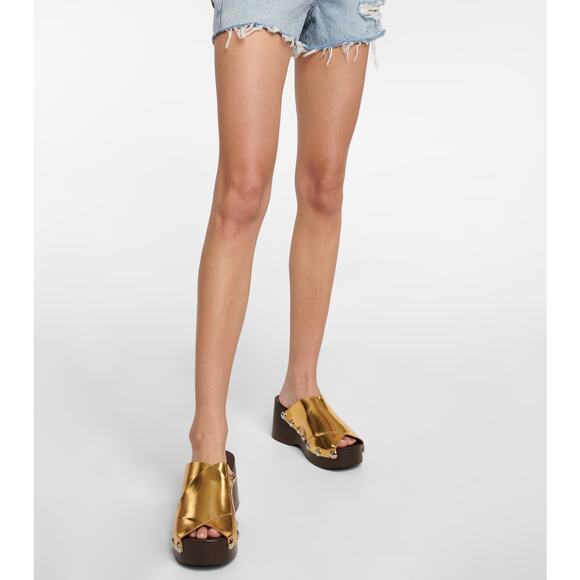 Ganni Metallic Leather Clog Gold Retro Stud Platform Mules Sz 36 / 6 US - Picture 2 of 9